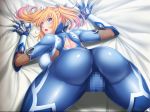  1girl ass bed blonde_hair blue_eyes blush bodysuit breasts censored curvy female huge_ass large_breasts lilith-soft long_hair looking_at_viewer looking_back lying on_bed partially_visible_vulva pointy_ears shinganji_kurenai shiny shiny_skin solo spread_legs taimanin_(series) taimanin_kurenai taimanin_rpgx twintails zol 