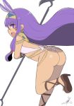  animal_ears ass bangs bikini cross-laced_footwear dark_skin egyptian_clothes facepaint fang fate/grand_order fate_(series) from_behind hair_ribbon hairband high_heels jackal_ears jewelry long_hair looking_back nitocris_(fate/grand_order) open_mouth purple_eyes purple_hair ribbon sandals scepter signature simple_background solo standing standing_on_one_leg swimsuit thong_bikini tress_ribbon tsukigi white_background white_bikini 
