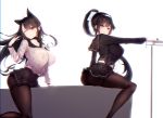  ;) ahoge alternate_costume animal_ears atago_(azur_lane) azur_lane bangs black_choker black_hair black_serafuku black_skirt blunt_bangs blush bow breasts brown_eyes brown_legwear check_commentary choker chromatic_aberration collarbone commentary_request geonjeonhannick grey_shirt hair_between_eyes hair_bow hairband hand_up highres huge_breasts korean_commentary large_breasts long_hair long_sleeves looking_at_viewer midriff_peek miniskirt multiple_girls navel one_eye_closed outstretched_arm pantyhose ponytail sailor_collar school_uniform serafuku shirt simple_background skirt smile straddling takao_(azur_lane) very_long_hair white_background white_bow white_hairband 