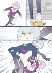  1girl anti_(ssss.gridman) ashitaba_tomorou black_legwear bob_cut bow commentary_request gakuran hood hoodie hot_dog lavender_hair magazine off_shoulder pantyhose pink_eyes pleated_skirt purple_bow scarf school_uniform shinjou_akane short_hair silver_hair skirt ssss.gridman surfboard_(wrestling) tripping 