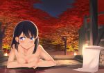  1girl apollo_(hu_maple) autumn_leaves bare_arms bare_shoulders bath black_hair blue_eyes blush breasts closed_mouth highres leaf maple_leaf medium_breasts nude onsen original smile solo water wet 