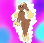  2018 anthro belly big_thighs black_collar black_eyes brown_fur collar digital_media_(artwork) eyebrows fluffy fur girly hi_res lagomorph looking_back lopunny male mammal nintendo nude pink_eyes pink_nose pok&eacute;mon pok&eacute;mon_(species) smile solo thick_thighs tuft video_games wide_hips yellow_fur zunknown 