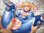  1boy 1girl ass ass_grab bed blonde_hair blue_eyes blush bodysuit breasts censored clothed_sex curvy female huge_ass large_breasts lilith-soft long_hair lying missionary moaning nude on_bed penis pointy_ears pussy pussy_juice shinganji_kurenai shiny shiny_skin spread_legs spread_pussy sweat taimanin_(series) taimanin_kurenai taimanin_rpgx twintails vaginal zol 