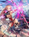  1girl aiming arrow bangs blue_eyes blue_panties blue_sky bow_(weapon) breasts brown_legwear chains chloris_garden day dust energy_weapon glint gloves holding holding_bow_(weapon) holding_weapon leaning_forward legs_apart lens_flare long_hair medium_breasts metal_boots no_bra official_art outdoors panties parted_bangs partly_fingerless_gloves pelvic_curtain red_gloves remana side-tie_panties sky smile solo standing tassel thighhighs thong underwear very_long_hair watermark weapon 