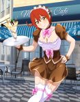  1girl ae-3803 ahoge blush breasts cafe cleavage dessert food hand_on_hip hataraku_saibou headband ice_cream legs_crossed looking_at_viewer maid medium_breasts pink_ribbon red_hair ribbon ribbons short_hair stockings sundae tray white_stockings yellow_eyes 