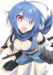  antenna_hair blue_hair breasts canine cleavage commentary_request highres large_breasts ninja original red_eyes scarf senhappyaku short_hair solo weapon 