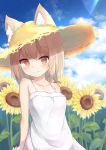  animal_ears blonde_hair blue_sky cloud cloudy_sky commentary_request dress flower hat highres light_brown_hair mm2k orange_eyes original short_hair sky sleeveless sleeveless_dress smile straw_hat sun_hat sundress sunflower white_dress 