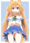  animal_ear_fluff animal_ears arms_at_sides ass_visible_through_thighs blonde_hair blue_eyes blush commentary_request cowboy_shot dot_nose fox_ears fox_tail green_neckwear hair_between_eyes highres long_hair looking_at_viewer midriff midriff_peek navel neckerchief original panties pleated_skirt sailor_collar scarf scarf_over_mouth school_uniform senhappyaku serafuku shirt short_sleeves simple_background skirt solo standing tail thigh_gap underwear uniform upskirt white_shirt 