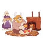  asgore_dreemurr beard boss_monster caprine carpet facial_hair fire fireplace food horn human long_ears mammal mel12da pie pillow protagonist_(undertale) simple_background toriel undertale video_games white_background 