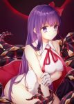  arched_back bangs bare_arms bare_legs bare_shoulders bb_(fate)_(all) bb_(swimsuit_mooncancer)_(fate) breasts closed_mouth eclipse fate/grand_order fate_(series) gloves hand_on_own_arm highres honotai long_hair looking_at_viewer medium_breasts purple_background purple_eyes purple_hair red_ribbon ribbon sitting smile solo swimsuit tentacles very_long_hair white_gloves white_swimsuit wing_collar 