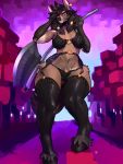  &lt;3 2018 absurd_res amber_eyes anthro axe battle_axe big_breasts black_hair black_nose blurred_background bra breasts cervine clothed clothing ear_piercing facial_piercing female garter_belt garter_straps hair hairband half-closed_eyes hand_behind_head hi_res holding_object holding_weapon hooves legwear lingerie looking_at_viewer mammal melee_weapon navel nose_piercing outside panties piercing short_hair smile solo standing teeth thick_thighs thigh_highs underwear weapon weapon_on_shoulder wide_hips zerolativity 