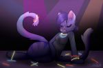  2018 2_tails anthro blue_fur cat clothing digital_media_(artwork) feline female fur glowstick hair invalid_color mammal multi_tail rave sitting smile triodekka 