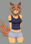  absurd_res blue_eyes breasts brown_fur canine clothed clothing collar fluffy fluffy_tail fur grey_background hands_behind_back hi_res japanese_kobold looking_at_viewer lunwolf mammal monster_musume open_mouth polt_(monster_musume) shirt simple_background standing tank_top 