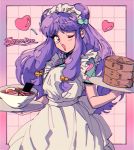  90s alternate_costume apron bangs bowl character_name chinese_clothes double_bun enmaided eyebrows_visible_through_hair food heart maid maid_headdress meat menbou_(00uobnem) one_eye_closed open_mouth purple_hair ranma_1/2 red_eyes shampoo_(ranma_1/2) solo tray waitress 