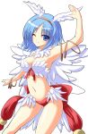  1girl armpits blue_eyes blue_hair breasts feathered_wings medium_breasts midriff navel nirap one_eye_closed ragnarok_online short_hair simple_background smile solo wanderer white_background wings 