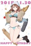  apple bag baguette bikini blue_hat boots bread brown_eyes brown_hair dated food front-tie_bikini front-tie_top fruit girls_und_panzer grocery_bag happy_birthday hat highres instrument kantele long_hair looking_at_viewer mika_(girls_und_panzer) muteki_soda navel paper_bag potato shopping_bag side-tie_bikini solo striped striped_bikini swimsuit 