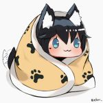  :3 animal_ear_fluff animal_ears bangs black_hair blanket blanket_hug blue_eyes blush chibi commentary ehrrr english_commentary full_body mole original paw_print_pattern shiny shiny_hair simple_background solo tail tail_wagging twitter_username white_background 