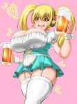  1girl alcohol beer blonde_hair blush breasts brown_eyes cleavage dress headphones huge_breasts long_hair looking_at_viewer nitroplus open_mouth plump smile solo standing super_pochaco thick_thighs thighhighs thighs twintails 