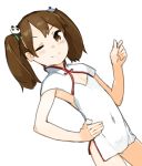  absurdres armpit_cutout bare_arms brown_eyes brown_hair china_dress chinese_clothes cleavage_cutout closed_mouth co_botan commentary_request cowboy_shot dress flat_chest groin hand_on_hip hand_up highres kantai_collection light_blush looking_at_viewer medium_hair microdress one_eye_closed petite ryuujou_(kantai_collection) short_sleeves short_twintails side_slit simple_background sketch_eyebrows skin_tight slit_pupils smile solo standing twintails white_background white_dress 