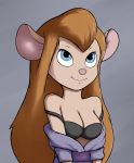 anthro blue_eyes bra breasts chip_&#039;n_dale_rescue_rangers clothed clothing disney female gadget_hackwrench hair kierus looking_up mammal mouse orange_hair presenting presenting_breasts rodent simple_background smile solo underwear undressing 