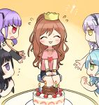  :3 :d ^_^ aqua_hair bang_dream! bangs bd_ayknn birthday_cake black_hair blush bracelet brown_hair cake closed_eyes crown flying_sweatdrops food fork frown green_eyes half_updo happy_birthday highres hikawa_sayo imai_lisa jewelry jitome lavender_hair long_hair minato_yukina miniskirt multiple_girls necklace open_mouth pink_shirt pointing pointing_at_self purple_eyes purple_hair red_eyes roselia_(bang_dream!) shirokane_rinko shirt short_sleeves single_arm_warmer sitting skirt smile t-shirt twintails udagawa_ako v-shaped_eyebrows watch wristwatch yellow_eyes 