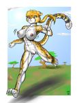  2000 anthro breasts cheetah feline female fur green_eyes mammal max_blackrabbit muscular muscular_female nipples outside pussy running spots yellow_fur 
