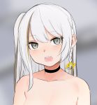  black_border blurry blurry_background blush border braid breasts cleavage copyright_request depth_of_field eyebrows_visible_through_hair fang grey_background grey_eyes grey_hair hair_ribbon head_tilt looking_at_viewer nezuko nude one_side_up open_mouth ribbon solo upper_body yellow_ribbon 