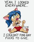  2018 4_toes anthro biped blue_eyes blue_hair breasts cat chibi clothing controller dialogue english_text eyebrows eyelashes fangs feet feline female fingers fur hair holding_controller holding_object mammal navel open_mouth pawpads pink_nose poethewondercat ponytail profanity reaction_image shirt shorts simple_background sitting solo tan_ears tan_fur tank_top text toes white_background 