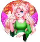  adorableinall ahoge anthro autumn blue_eyes breasts canine cleavage clothed clothing crystal female fur hair long_hair mammal mariah_veiethe one_eye_closed pink_fur pink_hair wings wolf 