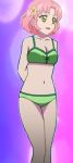  :d aikatsu! arms_behind_back artist_request bare_shoulders bikini cleavage collarbone cowboy_shot flower foreshortening green_bikini green_swimsuit kitaouji_sakura legs looking_at_viewer navel solo swimsuits 