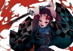  1girl all_male angry black_hair black_sclera blood blood_on_face blood_splatter bloody_clothes checkered checkered_kimono earrings fang fangs highres ikurauni japanese_clothes japanese_flag jewelry kamado_tanjirou katana kimetsu_no_yaiba kimono looking_at_viewer male red_eyes scarf short_hair sword weapon 