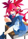  alternate_costume commentary_request demon_girl demon_tail disgaea etna evil_smile highres miyakawa106 pointy_ears polearm red_eyes red_hair red_scarf scarf sitting skirt slit_pupils smile solo tail tongue tongue_out twintails weapon 
