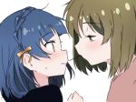  bangs blue_hair blush boukyaku_wako braid brown_hair closed_mouth commentary eyebrows_visible_through_hair food hair_ribbon idolmaster idolmaster_million_live! looking_at_another multiple_girls nagayoshi_subaru nanao_yuriko orange_ribbon pocky pocky_kiss red_eyes ribbon short_hair sweatdrop yellow_eyes yuri 