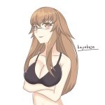  1girl artist_request black_bra blush bra breasts brown_eyes brown_hair charlotte_zoom cleavage crossed_arms glasses heavy_object large_breasts long_hair looking_at_viewer simple_background solo tagme tongue tongue_out translation_request underwear 