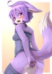  anthro blush bottomless breasts canid canine canis clothed clothing domestic_dog fur hair kemono looking_back mammal open_mouth purple_eyes purple_fur purple_hair shiitakemeshi simple_background solo tears 