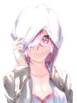  1girl breasts cleavage collarbone fare fate/grand_order fate_(series) glasses grey_bikini_top hair_over_one_eye halterneck highres hood hood_up hooded_jacket jacket looking_at_viewer mash_kyrielight medium_breasts office_lady open_clothes open_jacket pink_eyes pink_hair short_hair simple_background smile sweat upper_body white_background 