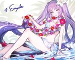  arm_at_side arm_up bikini blue_hairband blush brown_eyes character_name euryale fate/grand_order fate_(series) flower flower_necklace flower_on_liquid hair_flower hair_ornament hairband jewelry k_(sktchblg) long_hair looking_at_viewer necklace purple_flower purple_hair red_flower sarong sitting solo stomach swimsuit very_long_hair white_flower 