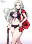  1girl bare_arms bare_legs breasts cleavage edelgard edelgard_von_hresvelgr_(fire_emblem) female fire_emblem fire_emblem:_fuukasetsugetsu hand_on_hip holding holding_weapon lips long_hair looking_at_viewer midriff mina_cream navel nintendo silver_eyes simple_background solo tagme thick_thighs thighs weapon white_background white_hair 