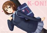  1girl :d backpack bag black_jacket black_legwear blue_ribbon blush brown_eyes brown_hair copyright_name cowboy_shot dutch_angle grey_skirt hair_ornament hairclip hirasawa_yui jacket k-on! long_sleeves miniskirt miyai_sen neck_ribbon open_mouth pantyhose pleated_skirt ribbon shiny shiny_hair short_hair skirt smile solo standing 