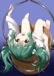  :d bare_legs barefoot bottomless bucket commentary_request eyebrows_visible_through_hair feet gradient gradient_background green_eyes green_hair hair_bobbles hair_ornament highres in_bucket in_container japanese_clothes kisume long_hair long_sleeves looking_at_viewer lying on_back open_mouth purple_background ruu_(tksymkw) sitting smile solo touhou twintails upside-down wooden_bucket 