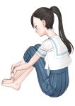  1girl barefoot black_hair blue_skirt crossed_ankles easy_(aqk7bdqt) facing_away full_body ichinose_saya long_hair misoshiro_de_kanpai! pleated_skirt ponytail school_uniform skirt solo 