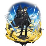  1boy aincrad belt black_cape black_eyes black_hair black_pants black_shirt cape collarbone dual_wielding highres holding holding_sword holding_weapon kirito looking_at_viewer male_focus official_art pants shirt solo sword sword_art_online transparent_background weapon 