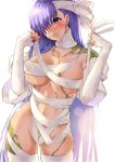  1girl bandage bandage_over_one_eye bandaged_arm bandaged_head bandaged_leg bandages bangs blush breasts eyebrows_visible_through_hair fate/extra fate/extra_ccc fate/extra_ccc_fox_tail fate/grand_order fate_(series) groin hair_over_one_eye highres kingprotea long_hair looking_at_viewer moss open_mouth purple_eyes purple_hair satou_daiji solo very_long_hair 