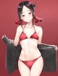  1girl bangs bare_shoulders bikini black_hair black_jacket blush breasts breasts_apart collarbone cowboy_shot eyebrows_visible_through_hair folded_ponytail gluteal_fold groin hair_ribbon head_tilt highres irohakaede jacket kaguya-sama_wa_kokurasetai_~tensai-tachi_no_renai_zunousen~ looking_at_viewer navel open_clothes open_jacket parted_bangs red_background red_bikini red_eyes red_ribbon ribbon shinomiya_kaguya side-tie_bikini sidelocks simple_background small_breasts smile solo standing stomach swimsuit thighs undressing unzipped 