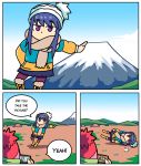  2girls bangs beanie blue_hair coat commentary day english_commentary english_text fallen_down forced_perspective fur-trimmed_boots fur_trim hat jitome kagamihara_nadeshiko leaning_to_the_side long_sleeves mount_fuji multiple_girls no_mouth outdoors phone purple_eyes scarf setz shima_rin tent yurucamp 