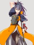  1girl armor ataka_takeru blue_hair closed_mouth fire_emblem fire_emblem_if grey_background hairband japanese_clothes long_hair nintendo oboro_(fire_emblem_if) polearm short_sleeves simple_background smile solo weapon 