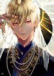  1boy blonde_hair earrings fate/stay_night fate_(series) gilgamesh hair_ornament hand_in_hair jewelry looking_at_viewer male_focus necklace portrait red_eyes sakura_hitsuji solo veil 