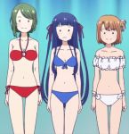  3girls bikini blue_background blue_hair bow breasts brown_hair cleavage front-tie_top game_cg gradient gradient_background green_hair groin hair_bow hair_ornament hairclip halterneck legs low_ponytail maki_makiko multiple_girls murakami_namino one_side_up sora_to_umi_no_aida soramachi_haru standing swimsuit two_side_up 