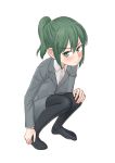  1girl black_legwear blush easy_(aqk7bdqt) frown green_eyes green_hair grey_skirt grey_suit hand_on_knees igarashi_futaba_(shiromanta) long_sleeves looking_at_viewer medium_hair no_shoes office_lady pantyhose pencil_skirt ponytail senpai_ga_uzai_kouhai_no_hanashi simple_background skirt white_background 