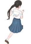  1girl black_hair blue_skirt brown_footwear easy_(aqk7bdqt) facing_away full_body hands_up ichinose_saya long_hair misoshiro_de_kanpai! pleated_skirt ponytail school_uniform shirt short_sleeves simple_background skirt socks solo white_background white_shirt 